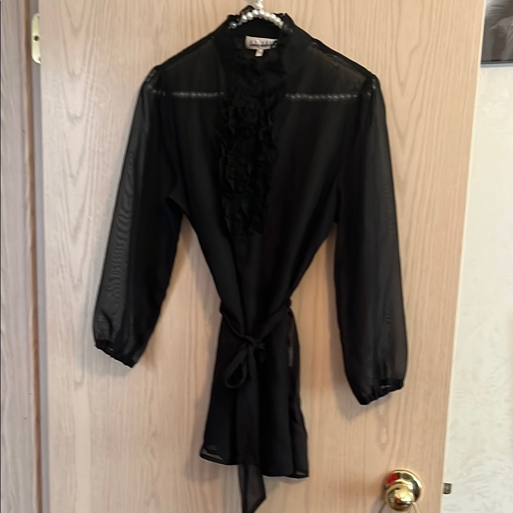 Elegant Black Sheer Blouse with Tie Waist